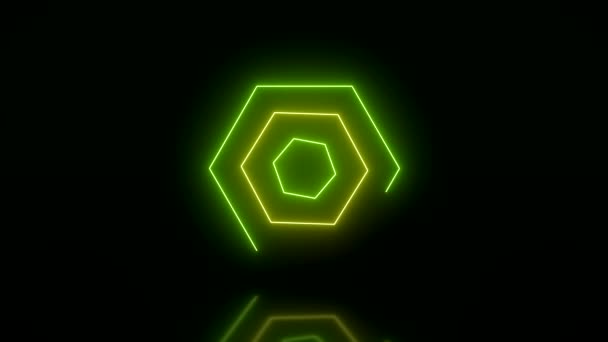 Animation Vidéo Hexagones Lumineux Vert Jaune Sur Sol Réfléchissant Fond — Video