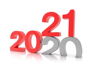 2020 ve 21 sayılarını kırmızı üzerine beyaz arkaplan ile 3 boyutlu yorumlama. 21 numara 20 numaranın üzerine düşer ve onu yerle bir eder.