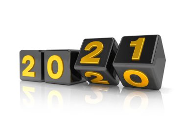 2020 - 21 üzeri beyaz arkaplan içeren 3D siyah ve altın küplerin oluşturulması 2021 yılını temsil etmektedir.