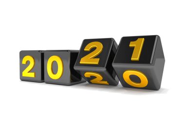 2020 - 21 üzeri beyaz arkaplan içeren 3D siyah ve altın küplerin oluşturulması 2021 yılını temsil etmektedir.