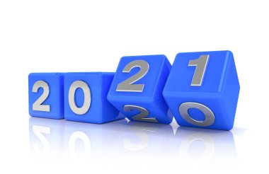 2020 - 21 üzeri beyaz arkaplan içeren 3D mavi küplerin oluşturulması 2021 yılını temsil etmektedir.