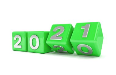 2020 - 21 üzeri beyaz arkaplan içeren 3 boyutlu yeşil küplerin oluşturulması 2021 yılını temsil etmektedir.
