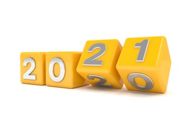 Turuncu küplerin 2020 - 21 üzeri beyaz arkaplan - 3 boyutlu çizimi 2021 yılını temsil ediyor