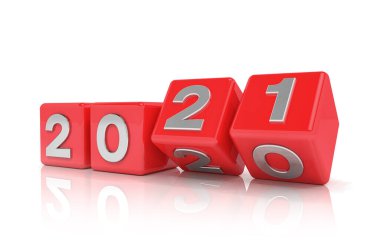 2020 - 21 üzeri beyaz arkaplan içeren 3 boyutlu kırmızı küplerin oluşturulması 2021 yılını temsil etmektedir.