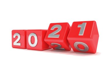 2020 - 21 üzeri beyaz arkaplan içeren 3 boyutlu kırmızı küplerin oluşturulması 2021 yılını temsil etmektedir.