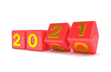 Beyaz zemin üzerinde 2020 - 21 olan 3d kırmızı ve altın küplerin oluşturulması 2021 yılını temsil etmektedir.