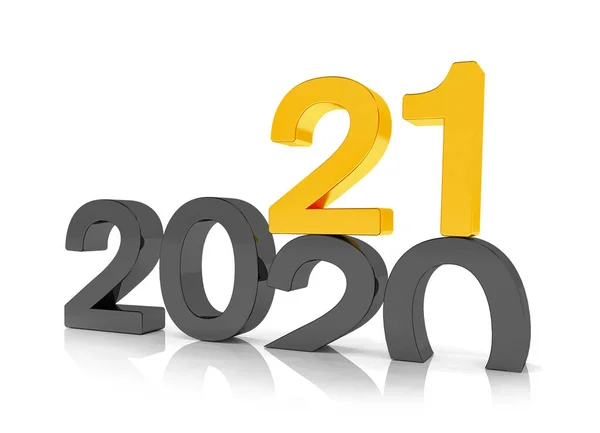 3D渲染2020年的数字 21在白色背景上以黑色和金色渲染 21号球落在20号球上 并在地面上突破 — 图库照片