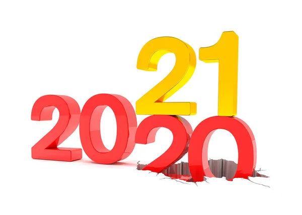 3D渲染2020年的数字 21在白色背景上以红色和金色渲染 21号球落在20号球上 并在地面上突破 — 图库照片