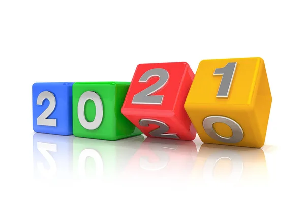 3d render of colorful cubes with 2020 - 21 over white background - represents the new year 2021