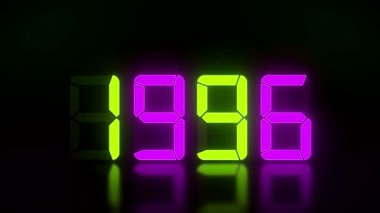 1990 'dan 2021' e kadar süren koyu arkaplan üzerine sürekli olarak yeşil ve morumsu bir LED ekranın video animasyonu 2021 yılını temsil ediyor - tatil kavramı