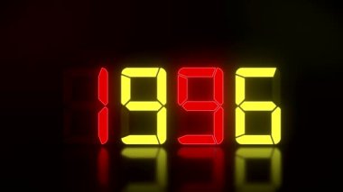 1990 'dan 2021' e kadar aralıksız devam eden koyu arkaplan üzerine kırmızı ve sarı renkli bir LED ekranın video animasyonu 2021 yılını temsil ediyor - tatil kavramı