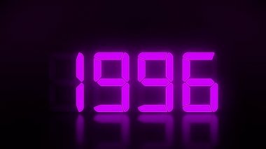 1990 'dan 2021' e kadar süren koyu arkaplan üzerine mor renkli bir LED ekranın video animasyonu yeni yıl 2021 'i temsil ediyor - tatil konsepti