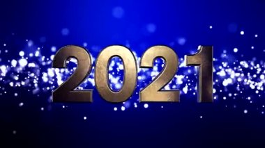 Noel 'in video animasyonu altın ışık parçacıkları mavi arka planda parlıyor ve 2021 rakamları yeni yılı temsil ediyor - tatil kavramı.