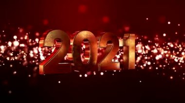 Kırmızı zemin üzerinde parlayan altın ışık parçacıklarının video animasyonu ve 2021 rakamları yeni yılı temsil ediyor - tatil kavramı.