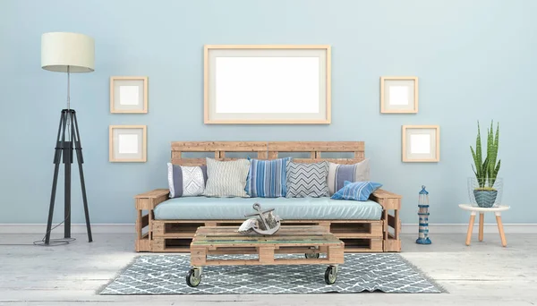 Render Interieur Van Een Scandinavische Woonkamer Een Palletbank Tafel Maritieme — Stockfoto