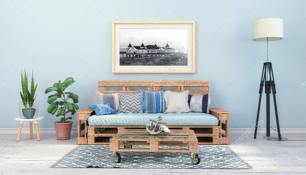 3d render - Interior of a Scandinavian living room a pallet couch, table and maritime decoration