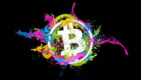 Rendering Des Bitcoin Logos Und Bunte Farbspritzer Auf Schwarzem Hintergrund — Stockfoto