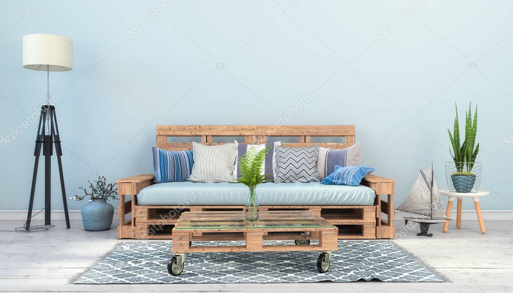 3d render - Interior of a Scandinavian living room a pallet couch, table and maritime decoration