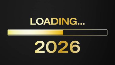 Çubuğu altınla doldurma ve 2026 yılını karanlık arka plan - yeni yıl konsepti - üzerine yükleme mesajı 2026 yılını temsil ediyor..
