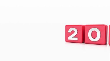 Kırmızı küplerin ve 2025 ve 2026 yıllarının beyaz yansıtıcı arka planda gümüş olarak video animasyonu 2026 yılının tatil kavramını temsil ediyor..