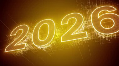 Video animasyonu - 2026 sayılı sarı altınla soyut neon ışığı - yeni yılı temsil ediyor - tatil kavramı.