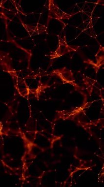 Koyu arkaplanda kırmızı-turuncu pleksus ağı. Güç, hız ve yeniliği sembolize eden enerjik dijital animasyon.