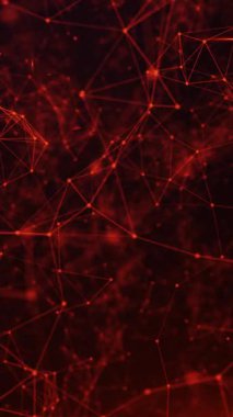 Koyu arkaplanda parlayan çizgiler ve noktalardan oluşan kırmızı dijital ağ.