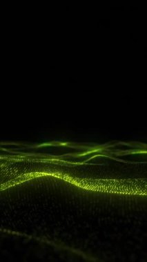 Yeşil parlayan nokta dalgaları koyu arkaplan üzerinde soyut dijital hareket oluşturur, 4k dikey animasyon.