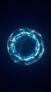 Uçan parçacıklara sahip soyut mavi dijital küre, parlayan enerji efekti, 4K video