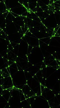 Parçacıklara sahip yeşil parlayan pleksus, dinamik dijital web efekti, minimal dikey video.