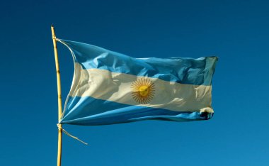 Mavi gökyüzünde rüzgarda Arjantin bayrağı