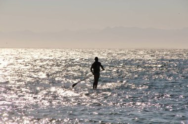 Denizdeki bir sörfçünün güneş ışığındaki siluetin görüntüsü