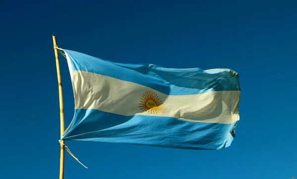 Argentinsk Flagga Vinden Den Blå Himlen — Stockfoto