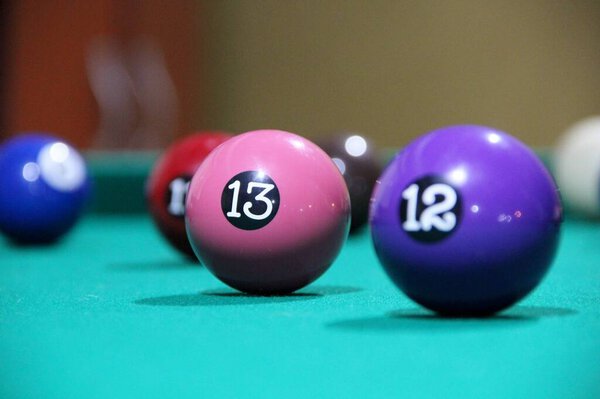 Closeup view of billiard balls on a playing table