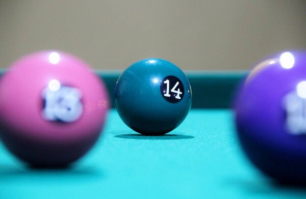 Closeup view of billiard balls on a playing table
