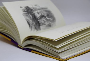 Beyaz arkaplan üzerine açık bir kitabın yakın görünümü 