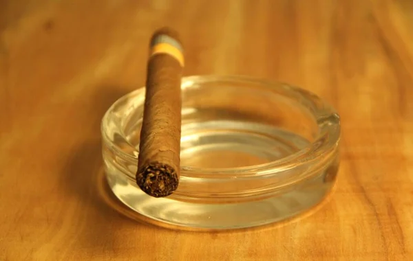 Närbild Bild Fuming Cigarr Med Ett Glas Askfat Trä Bakgrund — Stockfoto