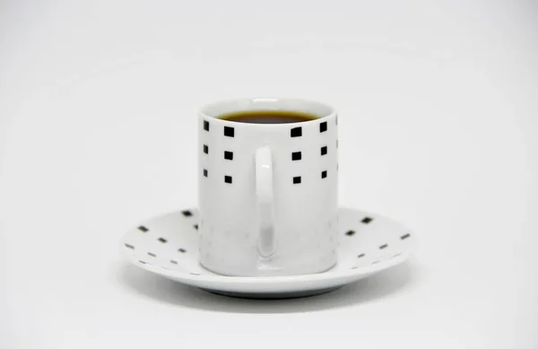 Вид Полной Чашки Кофе Блюдце Белом Фоне — стоковое фото