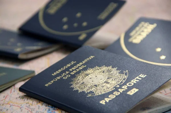 Closeup View Several Passports Map — Stock Photo, Image