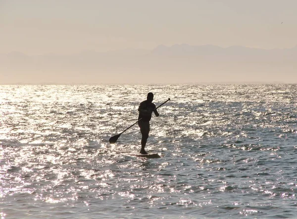 Denizdeki bir sörfçünün güneş ışığındaki siluetin görüntüsü