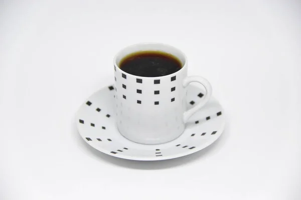 Kilátás Teljes Kávéscsésze Egy Csészealj Fehér Háttér — Stock Fotó