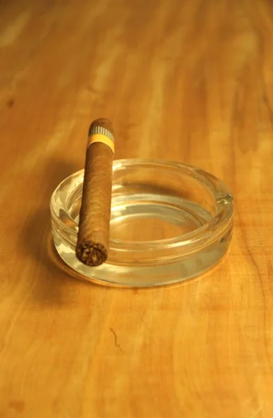 用木制背景玻璃烟灰缸熏制雪茄的特写镜头 — 图库照片