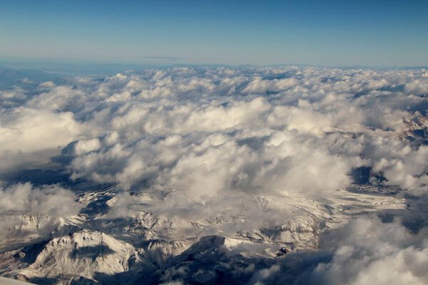 Beautiful aerial  view of mountains in clouds 