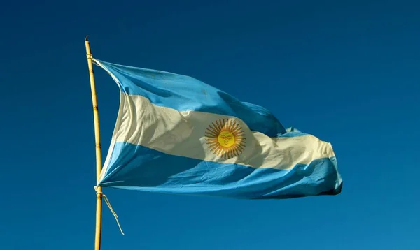 Mavi Gökyüzünde Rüzgarda Arjantin Bayrağı — Stok fotoğraf