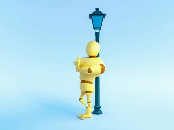 Male character: 3D render illustration of a male character who stands near a lamp post and pointing a finger at you.