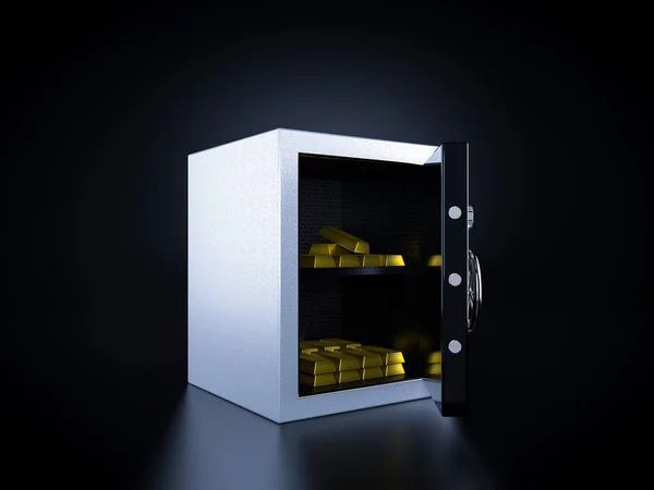 Safe with gold: 3D render illustration of a white Bank safe with gold bars inside isolated on a dark background.