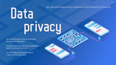 Veri gizlilik güvenlik izometrik vektör çizim iki telefon ile