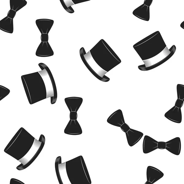 Bowtie безшовний візерунок для вашого дизайну проекту в джентльмени теми, предмети, запрошення, подарунки, капелюхи. Безшовний візерунок з чорною краваткою і капелюхами на білому тлі. Векторні ілюстрації Ліцензійні Стокові Ілюстрації