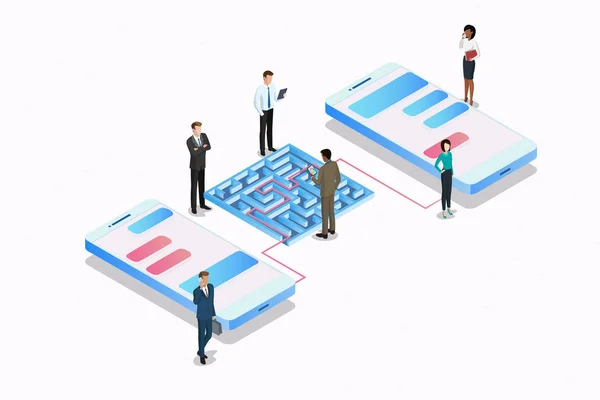 Isometrisches Labyrinth und Telefone, isometrische Menschen und Verbindungsgeräte Smartphone Social Media Graphische Vektorillustration für Ihre Projekte und Einladungen. — Stockvektor