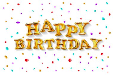 Mutlu Doğum günü Tipografi vektör tasarımı tebrik kartları ve afiş altın balon, konfeti ve hediye kutusu, Doğum günü kutlaması için tasarım şablonu ile için. Sanat